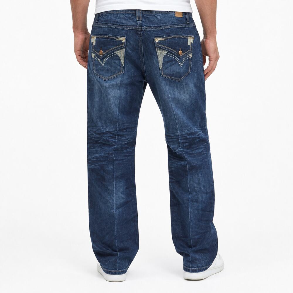 Jordan Craig JC Jeans Mens 44x32 Blue Denim Cotton Pockets Embroidered Wide-Leg